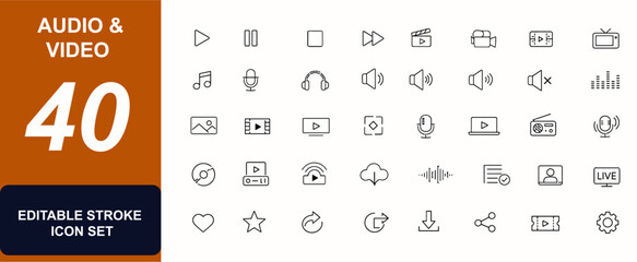 Audio and Video web icons in line style. Multimedia interface, media playback, speaker controls, cinema sound, music player, digital streaming set. Editable stroke. Vector illustration. © JIm Studio