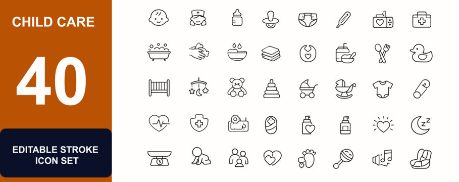 Child care web icons in line style editable stroke. Infant care, nurse support, hygiene routine, healthy food, sleep time, crib toys, baby health set. Editable stroke. Vector illustration.