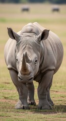 Majestic White Rhino Stares Intently in African Savannah.