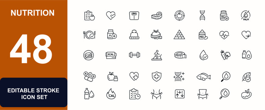 Nutrition web icon set in line style. Diet planning, healthy nutrition, weight loss, obesity control, palm oil free, food wellness, vitamin balance set. Editable stroke. Vector illustration.