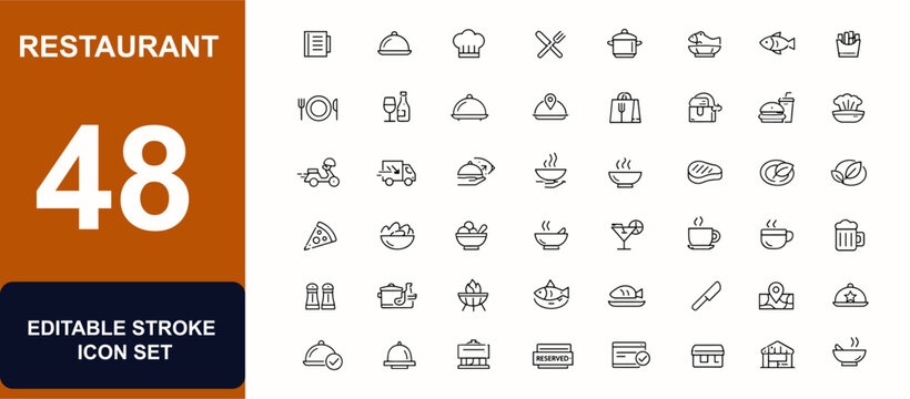 Restaurant web icons in line style. Menu, dining, chef, kitchen, meal service, seafood, takeaway, fast food icons set. Editable stroke. Vector illustration.