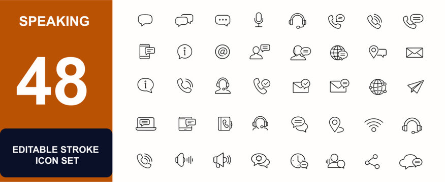 Speaking web icon in line style. Communication, chat support, speech bubble, phone call, customer service, messaging, contact info, globe network, talking point set. Editable. Vector illustration.