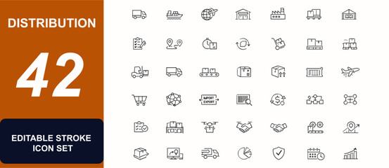 Distribution web icons in line style. Logistics management, cargo transport, delivery truck, supply chain, shipping commerce, warehouse set. Editable stroke. Vector illustration. © JIm Studio