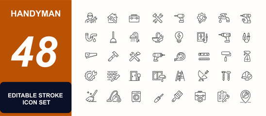 Handyman web icons in line style. Repair services, home maintenance, plumbing tools, electrical work, installation, cleaning service, handyman set. Editable stroke. Vector illustration. © JIm Studio