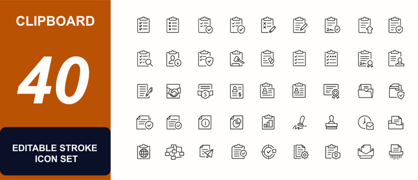 Clipboard web icons in line style. Business forms, approval documents, checklist boards, survey sheets, legal reports, office paperwork set. Editable stroke. Vector illustration.