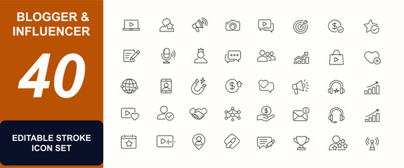 Blogger and Influencer web icons in line style. Social media marketing, content creation, video blog, personal brand, monetization, likes, fans set. Editable stroke. Vector illustration. © Icons studio