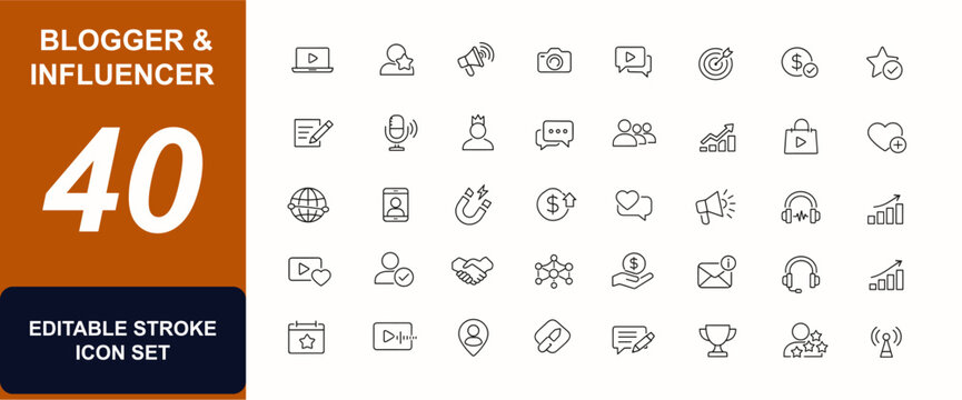 Blogger and Influencer web icons in line style. Social media marketing, content creation, video blog, personal brand, monetization, likes, fans set. Editable stroke. Vector illustration.