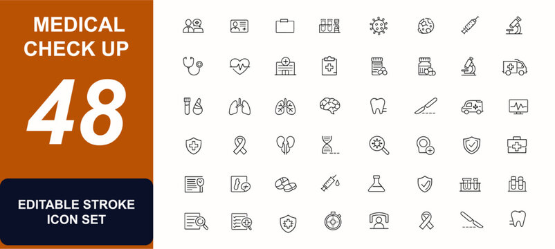Medical Сheck up web icons in line style. Doctor consultation, lab testing, medical card, prescription RX, virus screening set. Editable stroke. Vector illustration.