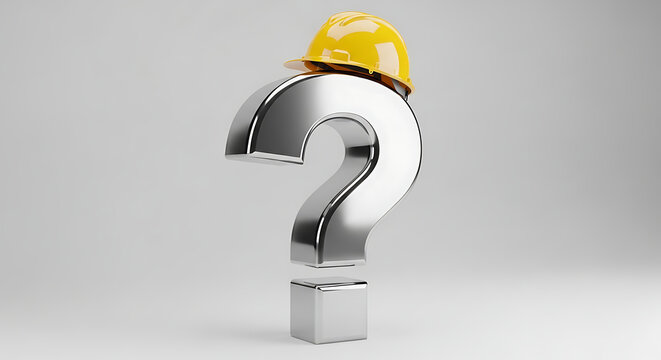 A silver question mark wearing a yellow hard hat on a reflective surface viewed from a slight angle in a minimalist gray environment