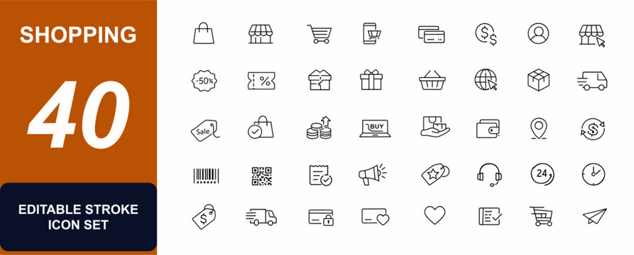 Shopping web icons in line style. Ecommerce, discount offers, delivery, online store, coupon code, bank card payment, gift box, retail set. Editable stroke. Vector illustration.