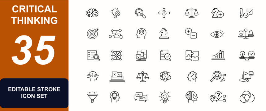 Critical thinking web icons in line style. Decision making, logical analysis, problem solving, rational mindset, fact evaluation, brain concept set. Editable stroke. Vector illustration.