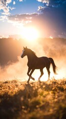 Majestic horse galloping freely at sunset: a symphony of motion and light
