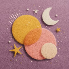 보라색 질감의 종이 배경 위에 노란색과 분홍색의 겹쳐진 원형 행성들과 하얀색 초승달 그리고 다양한 크기의 별들이 조화롭게 배치된 몽환적이고 따뜻한 느낌의 우주 테마 추상 일러스트레이션입니다.