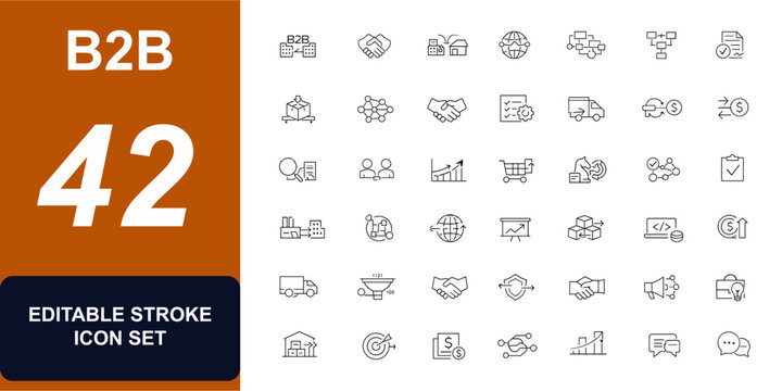 B2B web icons in line style. Enterprise trade, partnership deal, supply chain, business growth, agreement contract, corporate strategy, handshake set. Editable stroke. Vector illustration.