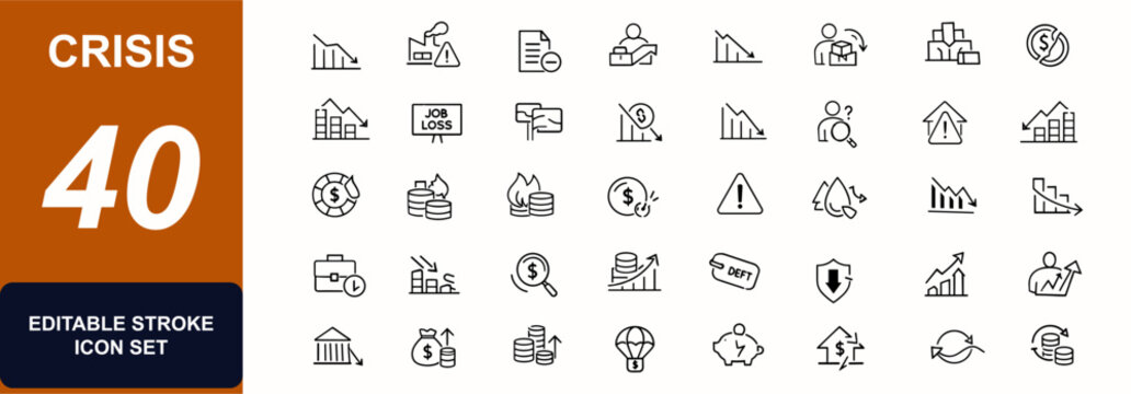 Crisis web icon set in line style. Recession, job loss, currency collapse, layoff, pay cut, panic, chart, low price, meltdown, liquidity, economy, inflation, surplus. Vector illustration.