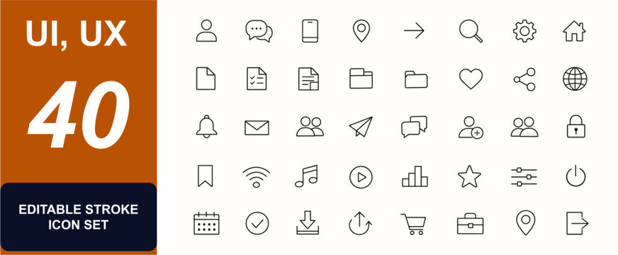 User Interface ui, ux web icons in line style. Chat, message, mobile screen, navigation arrow, user profile, document file, app menu, social, home button, lock. Editable stroke. Vector illustration.