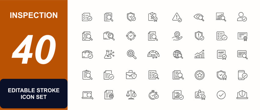 Inspection web icons line style. Evaluation, report document, magnifier, quality check, risk analysis, control, auditor, paper, product review, verification set. Editable stroke. Vector illustration.