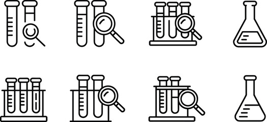 Laboratory icons, test tubes, magnifying glass, Erlenmeyer flask, chemical experiment, research tools, black and white vector illustration, science education, biology, analysis © MD SAHIDUL