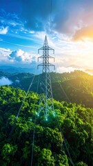 Obraz premium Magnificent Power Transmission Tower in Tropical Forest with Stunning Sky