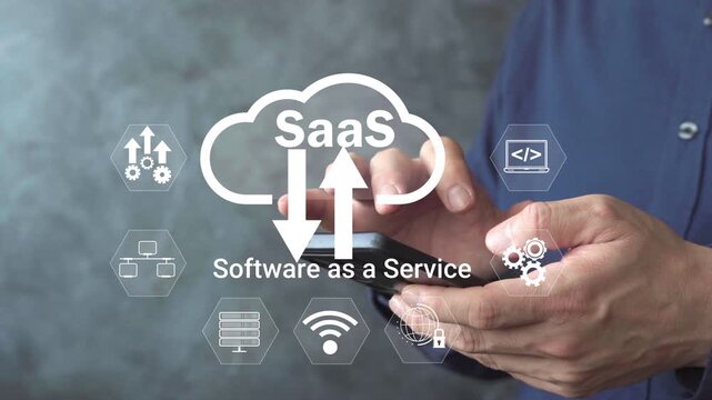 Hands using smartphone with SaaS cloud symbol, representing software as a service, online apps, subscription platform, data upload and download, and cloud technology for business.