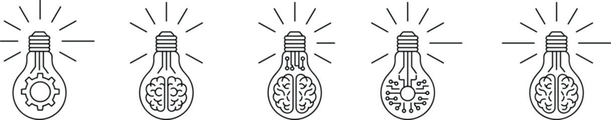 Light bulb icons, creativity symbols, brain illustration, innovation concept, technology design, problem solving, engineering idea, vector silhouette, intelligence, inspiration, thinking © MD SAHIDUL