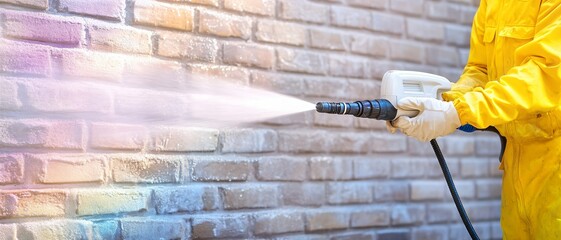 Man in a yellow suit is spraying a wall with a hose