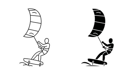 Minimalist vector icons illustrating a person skillfully kitefoiling or kitesurfing with a hydrofoil board.