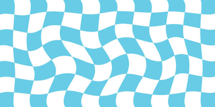 Abstract wavy light blue and white checkerboard pattern, distorted grid background, psychedelic optical illusion, playful digital art.