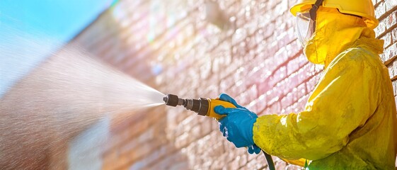 Man in a yellow jacket is spraying water on a brick wall