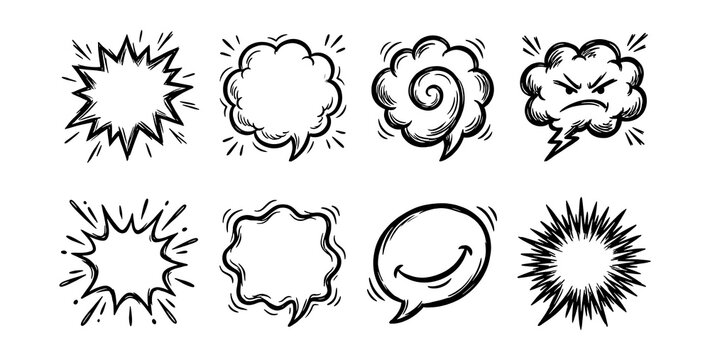 Sketchy ink reaction bubbles illustrations set.