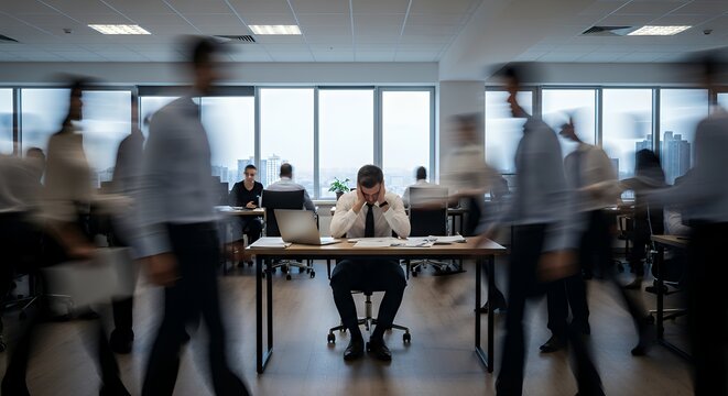 Employee surrounded by blurred colleagues moving quickly stillness and overwhelm emphasized open office space