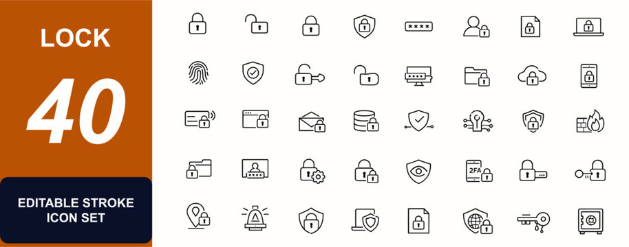 Lock web icons in line style. Cybersecurity, password access, padlock protection, private data, document safety, unlock keyhole, secure system set. Editable stroke. Vector illustration.