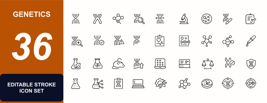 Genetics web icons in line style editable stroke. Genome, DNA, chromosome, genetic research, molecular biology, genome testing, biotech set. Editable stroke. Vector illustration.