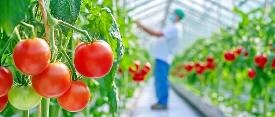 Man is tending to a garden of green tomatoes