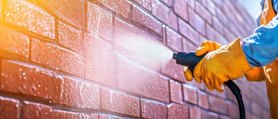 Man in a yellow suit is spraying a wall with a hose