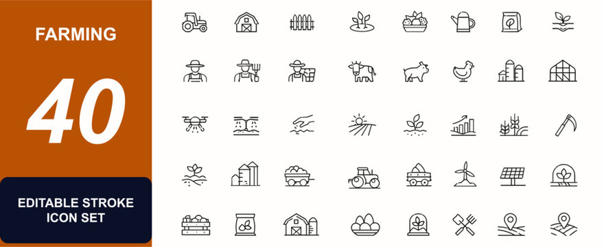 Farming web icons in line style. Tractor, vegetables, planting, fertilizer, farmers, agriculture, farm buildings, fence, harvesting, rural set. Editable stroke. Vector illustration.