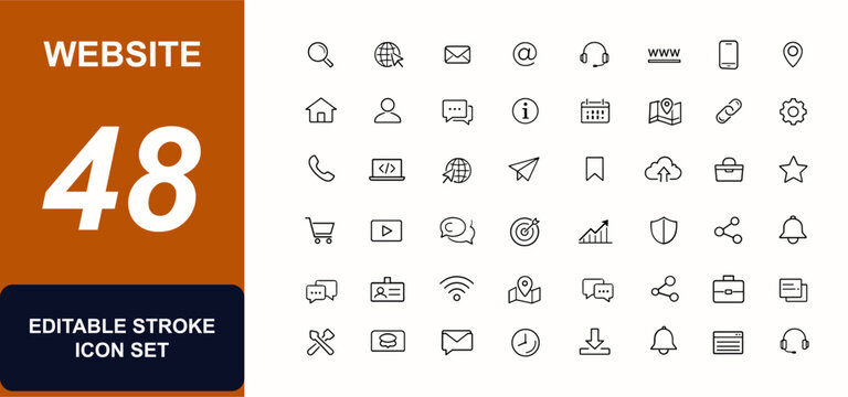 Website web icons in line style. Search, internet, mail, contact, support, www, phone, globe, navigation, online interface, business set. Editable stroke. Vector illustration.