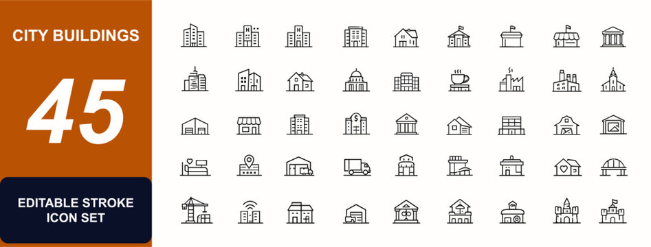 Building web icons in line style. City buildings, hotel, hospital, apartment, shopping mall, cafe, townhouse, architecture set. Editable stroke. Vector illustration.