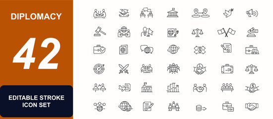 Diplomacy web icons in line style. International relations, ambassador meeting, government policy, consulate service, peace agreement set. Editable stroke. Vector illustration.
