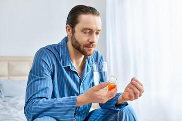 Fototapeta premium Handsome man in blue pajamas taking morning medicine at home in a serene light filled room