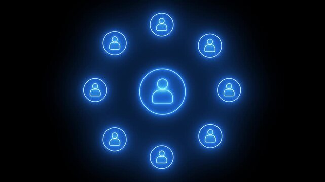 Central neon user icon surrounded by a circular network of blue profile symbols, featuring a futuristic hierarchical communication or admin control concept.