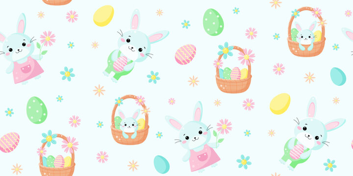 Cute Happy Easter pattern. Easter bunny, flowers ,eggs,twigs on blue background. Childish design for greeting cards,posters,decorations, wrapping paper,textile.Flat cartoon style. Vector illustration.