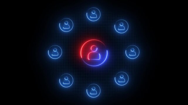 Symmetry of blue neon user icons forming a circular networking hub on a black background, showcasing a professional digital community and social system.