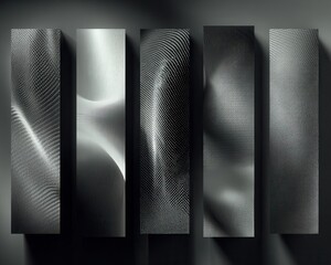 현대적인 인테리어 디자인을 위한 다섯 개의 수직 금속 패널이 있는 추상적인 흑백 텍스처 배경으로 세련되고 미니멀한 분위기를 연출하며 고급스러운 산업용 소재의 느낌과 예술적인 감각을 강조합니다.