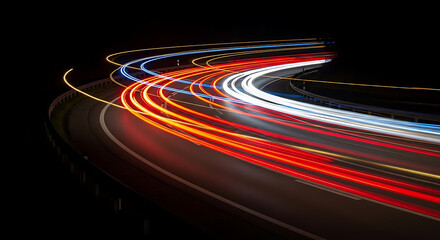 Motion Trails of City Lights: A captivating long exposure captures the vibrant streaks of light from vehicles navigating a winding road at night, creating a mesmerizing display of speed and movement.