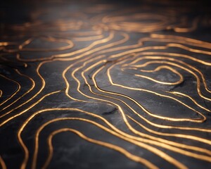 어두운 질감의 검은색 돌 표면 위에 금색으로 빛나는 입체적인 등고선이 우아하게 그려진 추상적인 지형도 배경으로 럭셔리한 분위기와 현대적인 디자인 감각을 세밀하게 강조하여 표현한 고품격 이미지입니다.