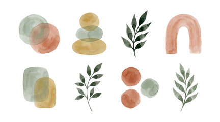 Fototapeta premium Watercolor mid-century abstract botanicals illustrations set.