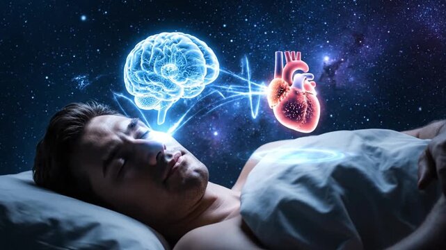 Dreams and Reality: A person lies in bed, eyes closed, with a brain and a heart floating above, against a starry sky. This image explores the interplay of mind, body, and consciousness.