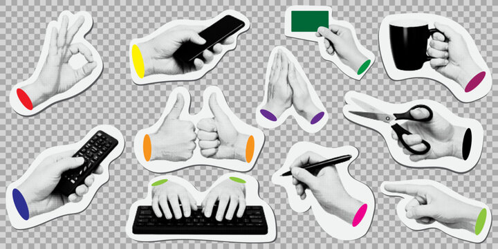 Huge set of halftone hand gestures and business actions stickers, featuring typing, holding smartphone, thumbs up, writing, and holding coffee cup in retro stippled style