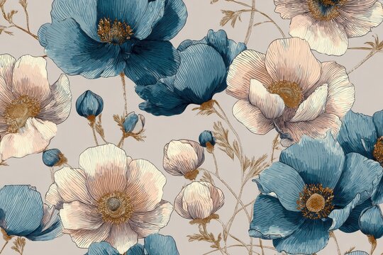 Elegant, chic, vintage seamless repeatable pattern including soft anemone florals in French toile style, ink line art